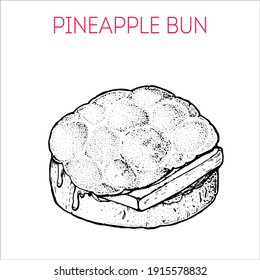 Pineapple bun. Hong kong street food. Vintage hand drawn sketch. Chinese food. Vector illustration.