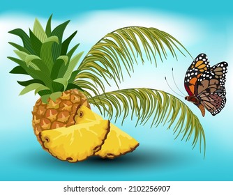 Pineapple and butterfly on a colored background.Whole and cut pineapple with palm leaves and butterfly on colored background in vector illustration.