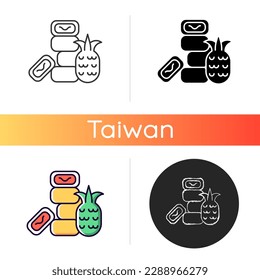 Pineapple cake icon. Sweet traditional taiwanese pastry. Asian tasty dish. Taiwanese cuisine. Tropical fruit dessert. Linear black and RGB color styles. Isolated vector illustrations