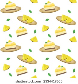 Pineapple cake, pineapple slices and mint leaves seamless pattern. Hand drawn vector illustration. Suitable for web background, gift paper, fabric or textile.