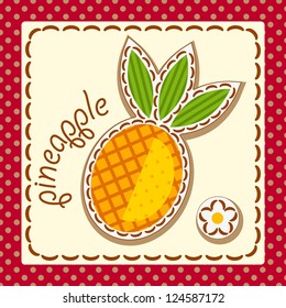 pineapple. Cards from the fruit and berry, decorated with embroidery on the elements of the original background. Vector.
