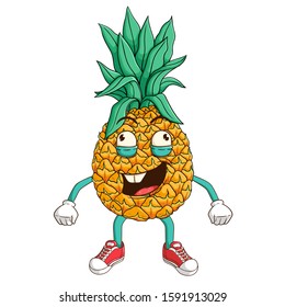 Pineapple cartoon character with funny stupid or crazy expression
