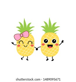 Pineapple cartoon character with green leaves on white background. cute fruit mascot brother and sister vector illustration.