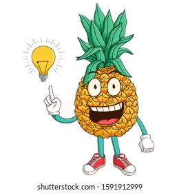 Pineapple cartoon character has idea with light bulb and funny smile face