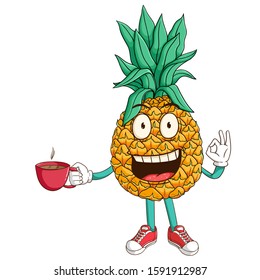 Pineapple cartoon character holding a cup of coffee with ok hand sign and funny smile face