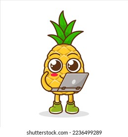 pineapple cartoon character holding a laptop