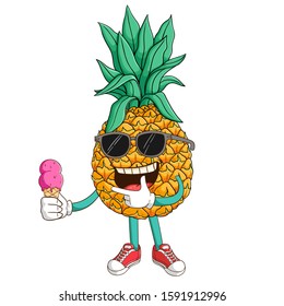 Pineapple cartoon character holding melted ice cream with funny cool expression