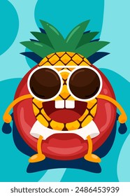 Pineapple cartoon character lay down on rubber ring in swimming pool. Summer time holiday concept. Design element can be used of background, backdrop, print, poster, banner, vector illustration