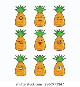 Pineapple cartoon character various expressions icon set. Simple flat illustration graphic vector. good for industry, business, food, money shops, nature, health, children, schools.