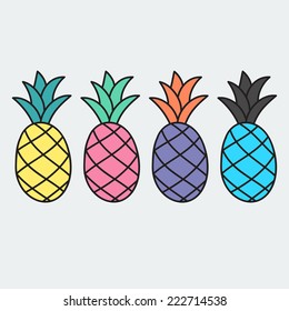 Pineapple cartoon hand drawn set isolated on background. Icon, sign. Vector illustration. Art logo design