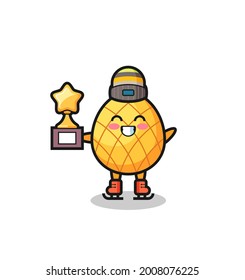 pineapple cartoon as an ice skating player hold winner trophy , cute style design for t shirt, sticker, logo element
