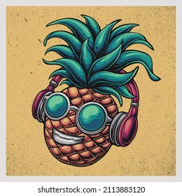 Pineapple Cartoon Mascot Enjoying Music