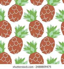 Pineapple cartoon seamless pattern. Tropical fruits background isolated on white. Whole pineapple geometric print for fabric, paper, design.