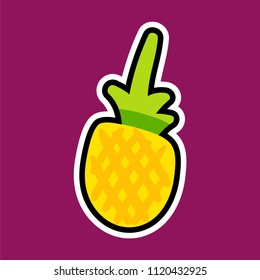 Pineapple cartoon sticker. Sweet fruit label. Patch and print for t-shirt, fabric, clothes. Menu item. Juice and summer symbol. Vector