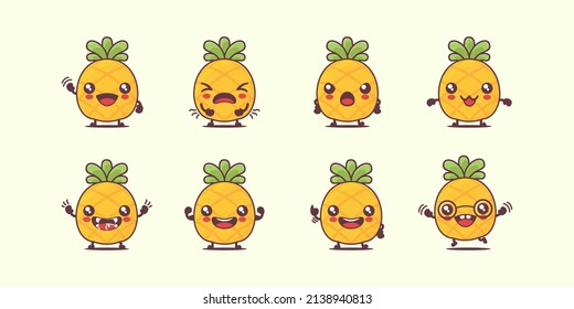 caricatura de piña. ilustración vectorial de frutas de verano. con diferentes caras y expresiones. tira cómica