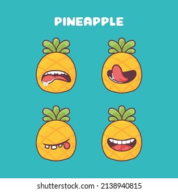 caricatura de piña. ilustración vectorial de frutas de verano. con diferentes expresiones de boca. tira cómica