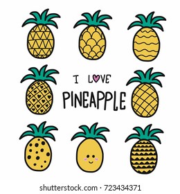 Pineapple cartoon vector set illustration, doodle style