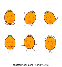 Ilustración de concepto de caracteres de piña. Caricatura de piña de yoga. Ejercicio en casa. Vector de ilustración.