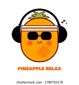 Pineapple character. Cute pineapple style. Music for relaxation. Cartoon pineapple. Cute style fruit character. Happy face fruit icon. Illustration vector.