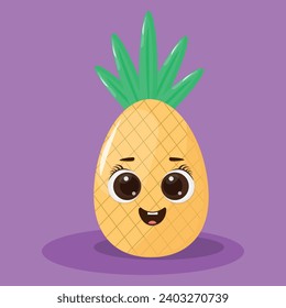  Pineapple character design. Cute vector illustration of pineapple on purple background