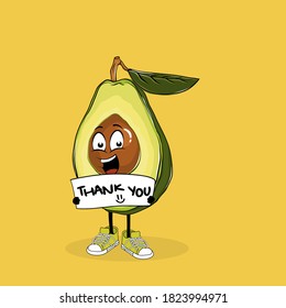 Pineapple Character design holding card with text thank you. Hand drawn text Thank you on illustration in kids doodle style. Picture with vector funny fruits and placard