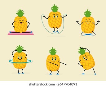 pineapple character does yoga. Outdoor sports. push-ups, hula hoop, Skipping rope,  Cartoon "Happy Avocado". Install a vector illustration in a flat style.