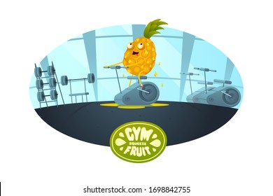 Ananas-Charakter macht Übungen auf einem stationären Fahrrad im Fitnessraum presst alle Säfte