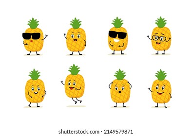 pineapple character with funny face. Happy cute cartoon  emoji set. Cute and funny comic style. Flat cartoon. pineapple vector illustration isolated on white background. 