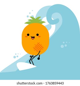Ilustración de concepto de caracteres de piña. El coco es bonito. Surf en el mar. Surf en verano. Vector de ilustración.