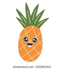 Pineapple character icon with smiley face. Cute fruit. Vector illustrations for kids isolated on the white background.