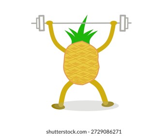 Carácter de piña levantando la barra que simboliza el estilo de vida saludable y la motivación de la aptitud.