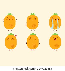 Pineapple character. Many emotions cartoon. Martial, dismal, cry, smile, happy, angry and surprised.