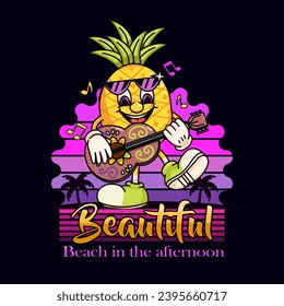 Pineapple character mascot playing guitar on the beach. Suitable for logos, mascots, t-shirts, stickers and posters