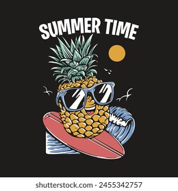 pineapple character mascot surfing illustration