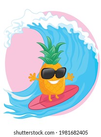 personaje de piña en la tabla de surf. concepto de tiempo de verano