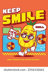 Pineapple character poster design, poster design with summer concept. Suitable for posters, flyers, backgrounds, etc.