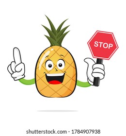 The Pineapple character smiles carrying a stop sign on a white background -vector