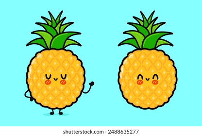 Ananas-Schrift. Vektorgrafik Handgezeichnete Cartoon Kawaii Zeichen Illustration Ikone. Isoliert auf blauem Hintergrund. Happy Pineapple Charakter Konzept