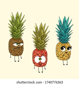 Personajes de piña con ojos y manos y piernas. Ananas pegatinas graciosas. Ilustraciones de comida ligera