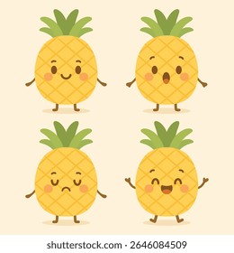 Pineapple characters with four distinct facial expressions suitable for graphic design projects, social media posts, and foodrelated marketing materials.