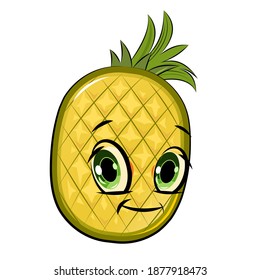 Pineapple cheerful smile. Juicy red fruit with a muzzle. Cartoon style. Isolated over white background. Vector illustration.