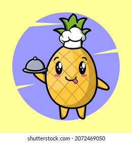 Pineapple chef mascot character serving food on tray cute style design for t-shirt, sticker, logo element