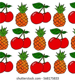 Pineapple and cherry on white background vector illustration. Symbol of food, sweet, exotic and summer, vitamin, healthy. Cloth design, wallpaper, wrapping, textiles, paper, cards, invitations