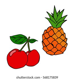 Pineapple and cherry on white background vector illustration. Symbol of food, sweet, exotic and summer, vitamin, healthy. Cloth design, wallpaper, wrapping, textiles, paper, cards, invitations