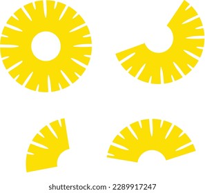 Ananas kreisen runde Stücke und Ananas Scheiben und eine Hälfte. Vektorgrafik von reifen, saftigen Ananas-Scheiben einzeln auf weißem Hintergrund. Ein Schnittring mit frischen exotischen Früchten. 