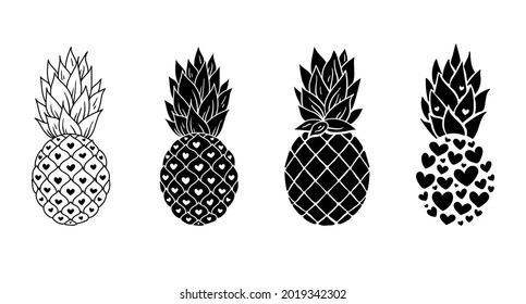 Pineapple cliparts bundle, black and white pineapple silhouette, tropical fruit design elemnts, isolated items on white - vector digital set