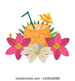 pineapple cocktail beverage with umbrella and straw decorated with tropical flowers icon cartoon vector illustration graphic design