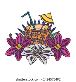 pineapple cocktail beverage with umbrella and straw decorated with tropical flowers icon cartoon vector illustration graphic design
