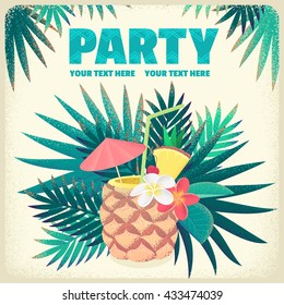 Pineapple cocktail with frangipani (plumeria) flowers and palm leaves. Beach bar or tropical party template. Retro vector illustration. Place for your text. Invitation, banner, card, poster, flyer