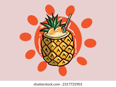 Pineapple cocktail garnished, pineaple leaves, colorful straw tube and two slices of orange isolated on background. Vector illustration